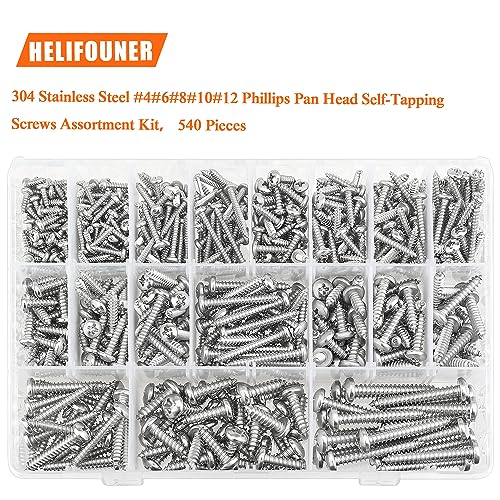 540 Pieces #4#6#8#10#12 Wood Screws Set, HELIFOUNER 18 Sizes Phillips Pan Head Self-Tapping Screws Assortment Kit, Phillips Pan Head Wood Screws, 304 Stainless Steel