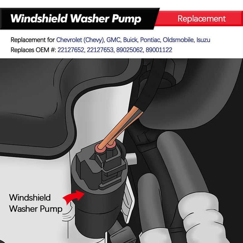 Front Windshield Washer Pump w/Grommet Replacement for Chevy GMC Buick Pontiac Isuzu Replaces # 385-232316A, 22127652, 22127653, 89025062, 89001122