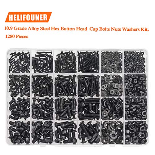 HELIFOUNER 1280 Pieces Button Head Socket Cap Screw Bolts, Flat Washers and Nuts Assortment Kit, 10.9 Grade Alloy Steel, Full Thread (M2 M3 M4 M5) M2 M3 M4 M5 Button Head Socket Cap Screws Black