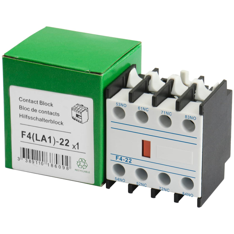 Heschen AC Contactor Auxiliary Contact Blocks F4-22 4 Pin 2NO 2NC Contacts Front Mount Screw Connector Fits CJX2 Series AC Contactors