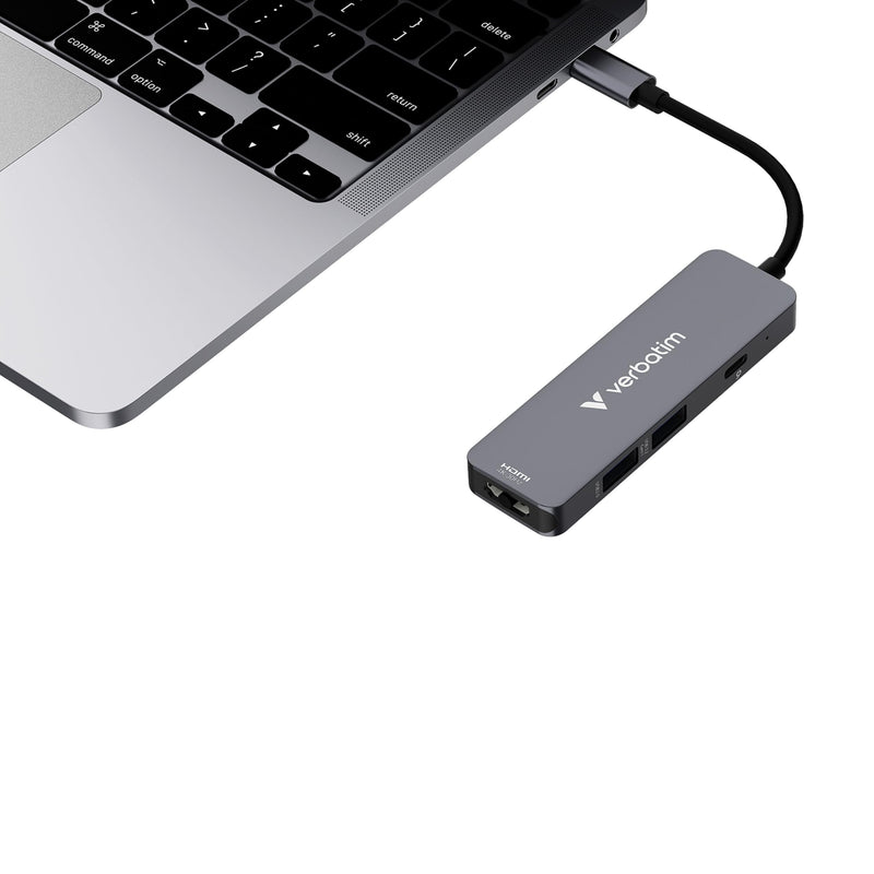 Verbatim USB-C Essentials Multiport Hub – 4 Ports: (1) USB-A 2.0, (1) USB-A 3.0/3.2 Gen 1, (1) USB-C 3.0/3.2 Gen 1 with 4K HDMI and Up to 100W Power Delivery