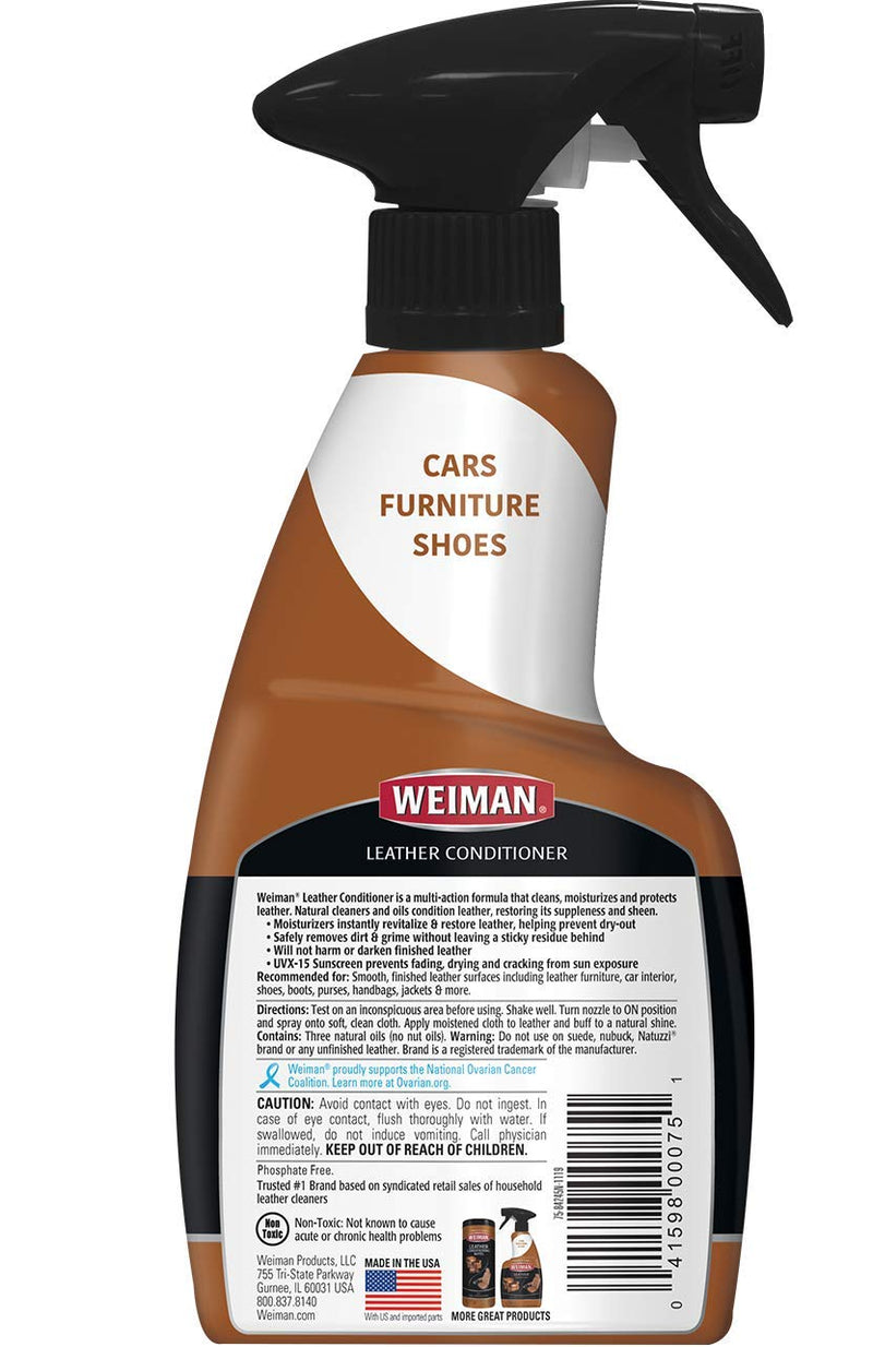 Weiman Leather Cleaner and Conditioner for Furniture - Cleans Conditions and Restores Leather Surfaces - UV Protectants Help Prevent Cracking or Fading of Leather Car Seats, Shoes, Purses 12 Fl Oz (Pack of 1)