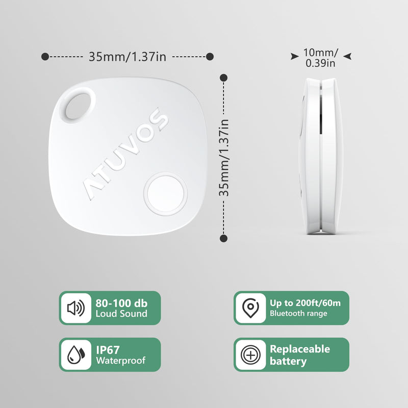 ATUVOS Luggage Tracker & Key Finder 2 Pack, Smart Bluetooth Tracker Pairs with Apple Find My (iOS Only), Item Finders for Key, Wallet, Suitcases, Bags, Waterproof IP67, Replaceable Battery, Anti-Lost 2-pack