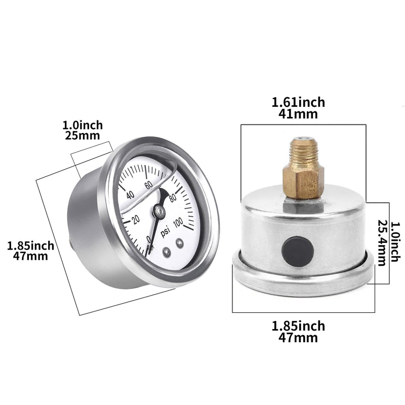 0-100 PSI Fuel Pressure Gauge, 1.85" White Dial, 1/8" NPT Center Back Mount, Glycerin Liquid Filled, 304 Stainless Steel case, Inline Low-Pressure Gauge, for Oil Water Air Pressure Test 0-100PSI