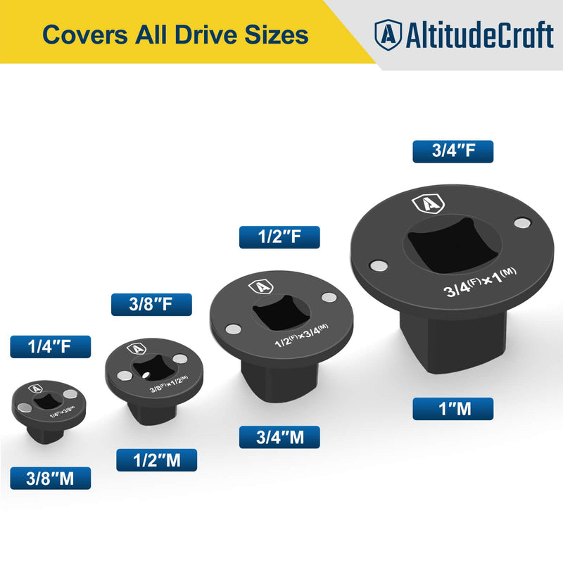 Low Profile Impact Socket Adapter Set, Drive Ratchet Adapter Set, Designed for Tight Spaces, 3/8" to 1/2", 1/4" to 3/8", 3/4" to 1", 1/2" to 3/4", 4PC