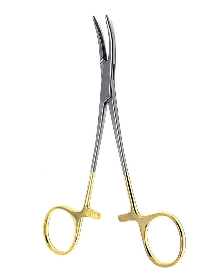 Hemostat Locking Forceps 5" Curved with Full Serrated Jaws Ideal for Clamping, Fishing, Firefighters Nurses Doctors + More (Gold Handle) Gold Handle