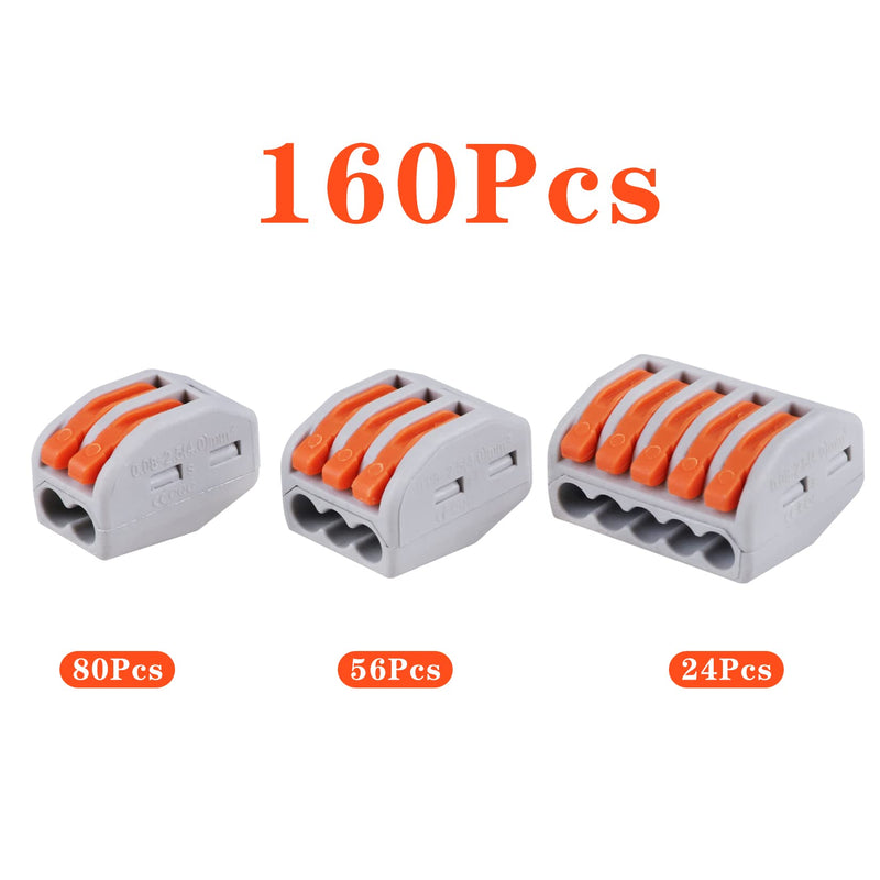 160 PCS Lever Wire Electrical Connectors Nuts Assortment Kit with 28-12 AWG, Multiple Stud2/3/5 Conductor Combination Compact, Electrical Insulated Terminals, Quick Disconnect Splicing 160 PCS