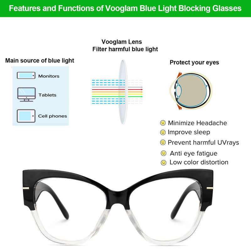 VOOGLAM Oversize Cateye Blue Light Glasses for Women Anti Eyestrain Dry Eyes Computer Phone TV Eyewear Elektra Black White Clear