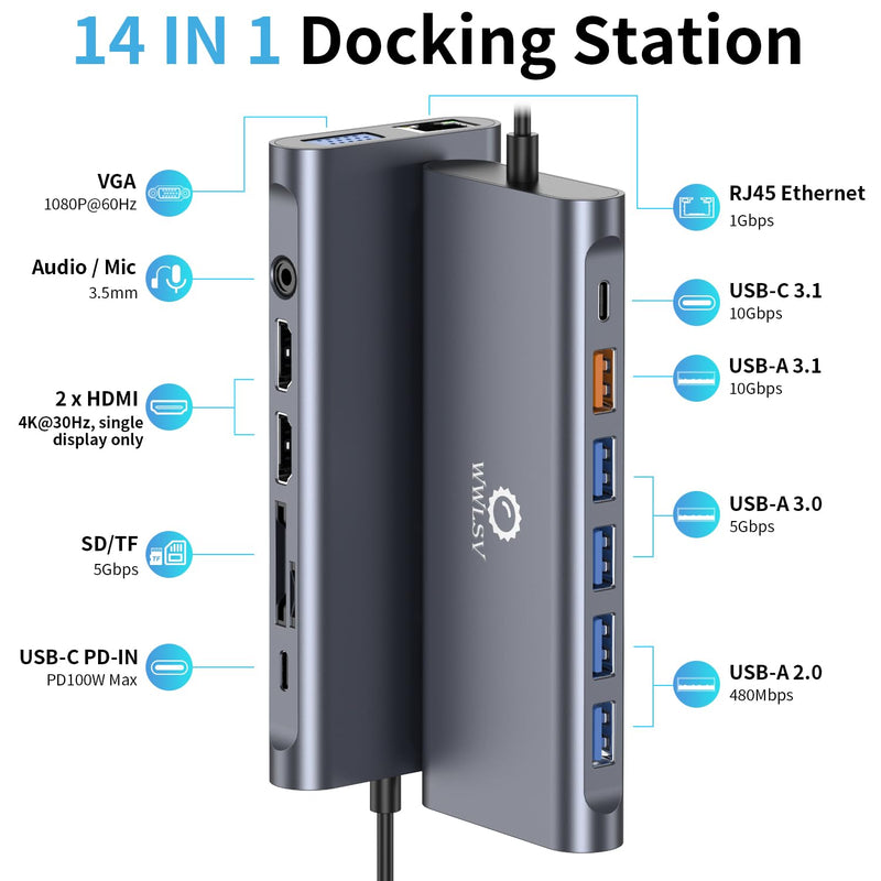 Laptop Docking Station Triple Display – 14-in-1 USB C Hub with Dual 4K HDMI, 1080p VGA, 100W Power Delivery, 10Gbps USB-C/USB-A, Gigabit Ethernet, SD/TF, Audio Mic – For MacBook/HP/Dell/Lenovo/Surface
