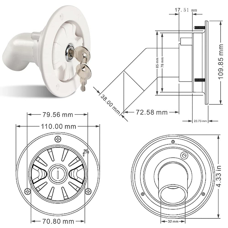 RV Water Fill Inlet, Fresh Water Inlet Replacement Inlet, Lockable Water Filler Cap with 2 Keys, Leakproof RV Water Filling Resistant Cover for Camping Trailer Motorhome, Fits 38mm Water Pipe