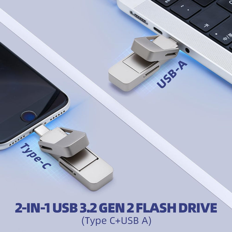 USB Drive 128GB External SSD,USB 3.2 Gen 2 A+C Dual Port Portable SSD,Up to 550MB/s for Data Storage, External Solid State Hard Drive for iPhone 15/16 /Android/PC/Mac/Laptop 1 silvery