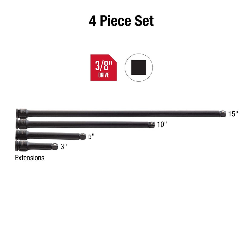 SUNEX TOOLS 3504, 3/8 Inch Drive Impact Extension Set, 4 Pieces, SAE, 3" to 15", Cr-Mo Steel, Radius Corner Design, Wobble Drive, Steel Ball Retainer, Dual Size Markings, Storage Tray