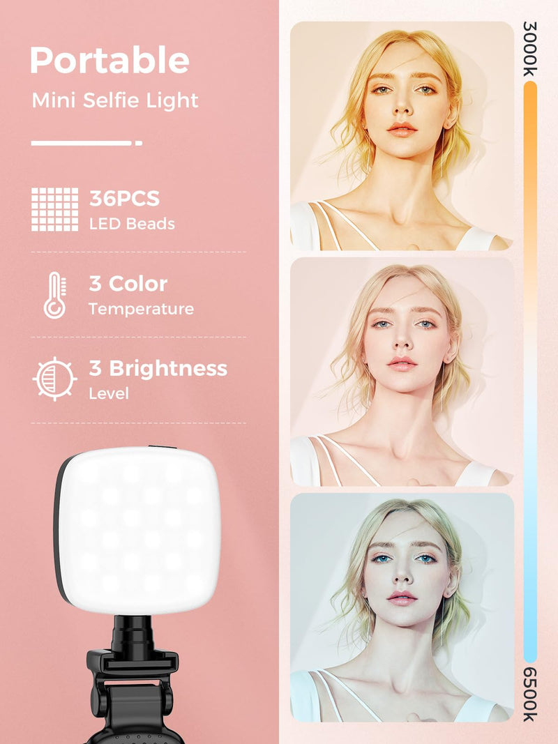 Smiling Shark Mini Cell Phone Light, Portable Video Light with Clip Rechargeable CRI 90+ 9 Lights Modes 360° Rotatable Cold Shoe Mount Camera Fill Light for Video Live Camera Laptop Phone