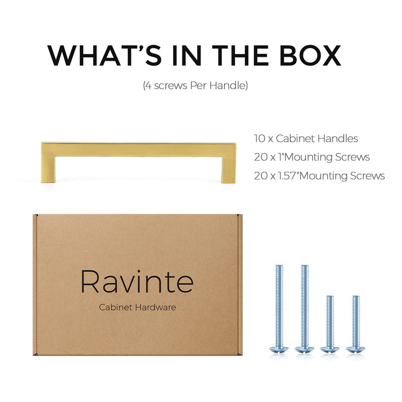 Ravinte 10 Pack 6-1/4 Inch Square Cabinet Handles, Brushed Brass Finish, Stainless Steel Kitchen Hardware Pulls with 6-1/4" (160mm) Hole Center for Cabinets, Gold 6-1/4 inch Hole Center