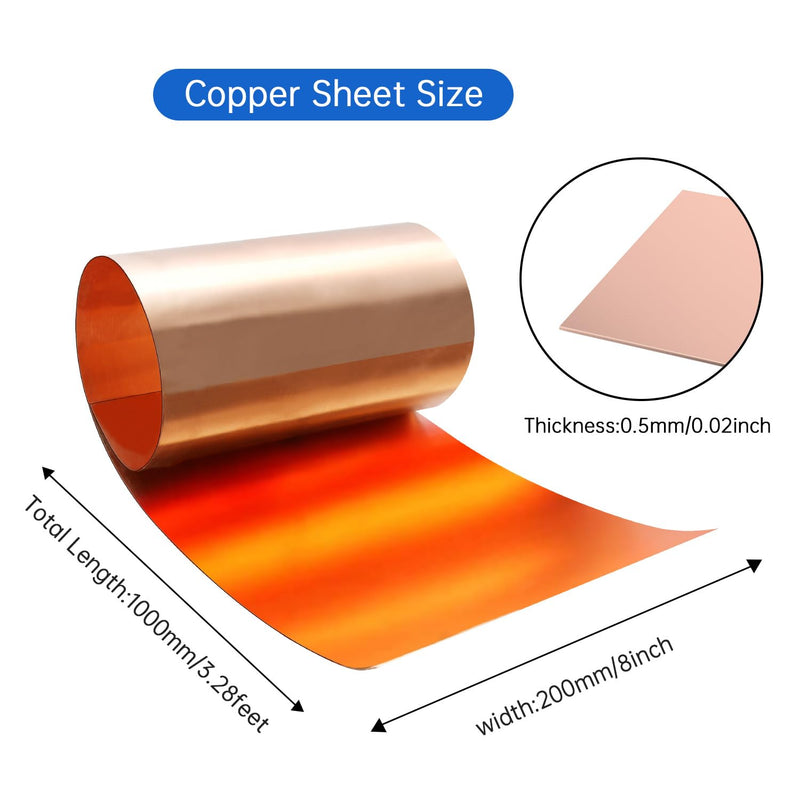 Copper Sheet Roll, 1000x200x0.5mm Copper Flashing Roll, 25 Gauge Thick Pure Copper Plate & Strip for Roofing, DIY Projects, House Repair, Crafts and Metal Working 1000mm x 200mm x 0.5mm 1