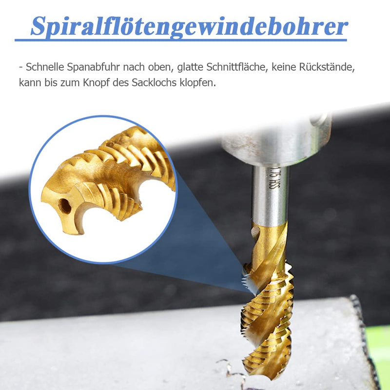 Mesee 9 pieces spiral tap, HSS titanium coated tap, spiral groove drill machine tap set, metric thread steel tap set tools - M2 M2.5 M3 M4 M5 M6 M8 M10 M12