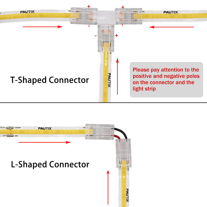 COB LED strip connector set for 8mm width COB strip 2Pin, 4 pieces transparent center connectors, 2 pieces L-shape, 1 piece T-shape and 4 pieces dual-end extension wires 15cm with 1 piece DC 8mm COB connector upgraded