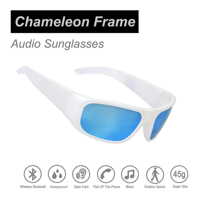 OhO Smart Glasses,Polarized Sunglasses with Bluetooth Speaker,Athletic/Outdoor UV Protection and Voice Control,Unisex(Mirror Blue Lens) Shiny White Frame-blue Lens