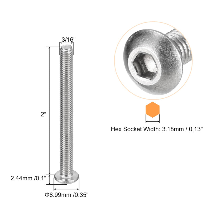 uxcell #10-32x2 Button Head Socket Cap Screws, 100pcs 304 Stainless Steel Fasteners Hex Bolts Screws, Full Thread Hex Drive Screws #10-32x2" 100