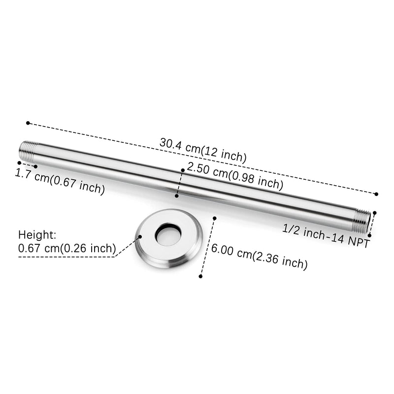 12 Inch Shower Arm and Flange Brushed Nickel, Ceiling Mounted Shower Arm for Rain Shower Head 12 Inches