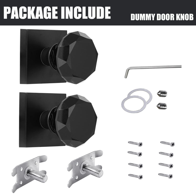 Glass Crystal Dummy Door Knob Interior, Clear Matte Black Diamond Closet Hall Dummy Door Knob Non-Turning Inactive 2 Pack Dummy-2Pack Matte Black Finish and Black Glass