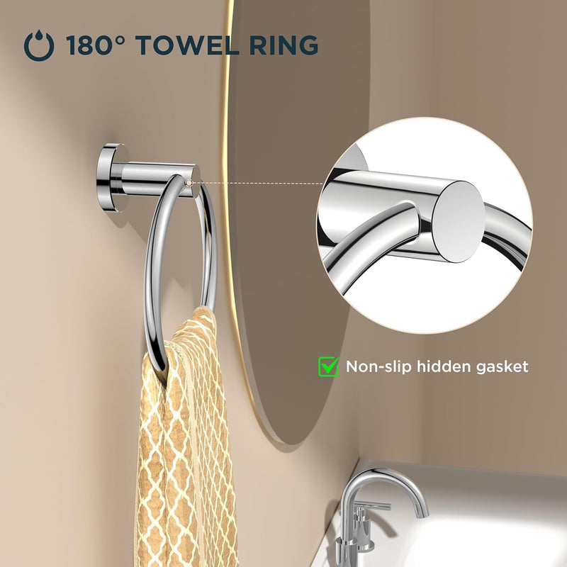 FORIOUS Towel Ring, SUS304 Stainless Steel Modern Hand Towel Holder Rack Hanger Round for Bathroom Wall Mounted, Ideal for Bath, Kitchen, RV, Chrome(2 Pack) 2