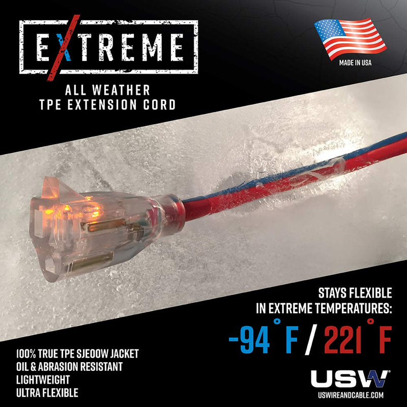 US Wire and Cable 14/3 Gauge x 25-Foot Extreme Cold Weather Extension Cord – Heavy-Duty, 221°F to - 94°F Rating, Lighted Plug, Blue and Red, SJEOOW, Weather-Resistant, Ideal for Outdoor & Indoor Use 25 ft