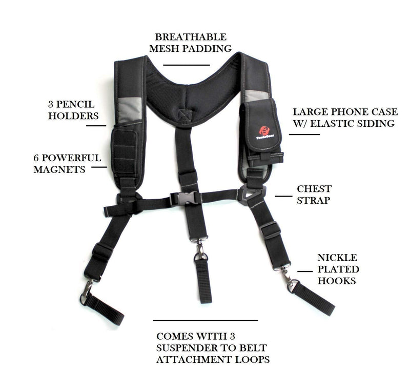 TradeGear Tool Belt Work Suspenders with Velcro Shoulder Pads – Adjustable Fit, Heavy Duty Suspenders – Includes Belt Loops MAGNETIC 3 POINT SUSPENDERS