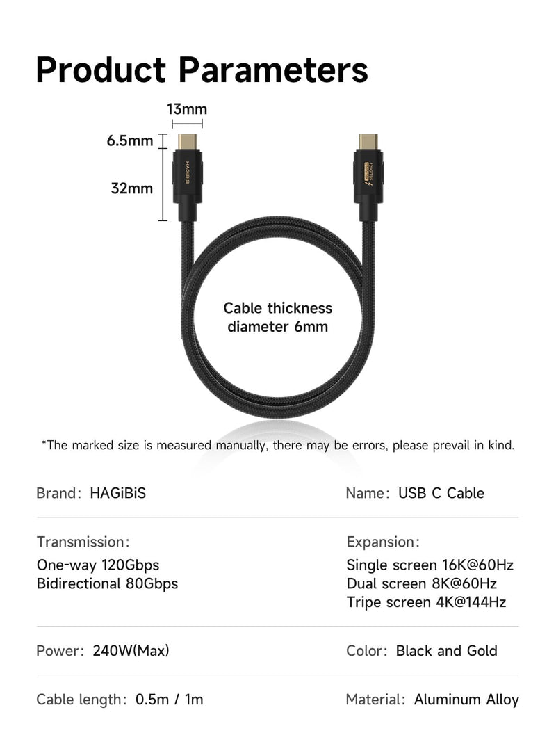 Hagibis Thunderbolt 5 Cable (Intel Certified), 120Gbps Data Transfer, 240W Fast Charging, 16K@60Hz Display USB-C Cable, Compatible Thunderbolt 4/3, USB4/3, for iPhone 17/16/15, MacBook,(3.3ft) 3.3ft