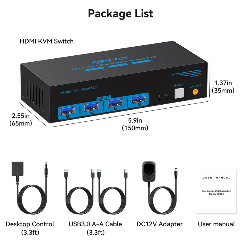 HDMI KVM Switch 2 Monitors 2 Computers 4K@60Hz USB 3.0 Dual Monitor KVM Switch 2 Ports for 2 PC Share 2 Screens and 4 USB Devices for Keybord Mouse Printer with Desktop Controller HDMI 2 PC 2 Monitors Deep Blue