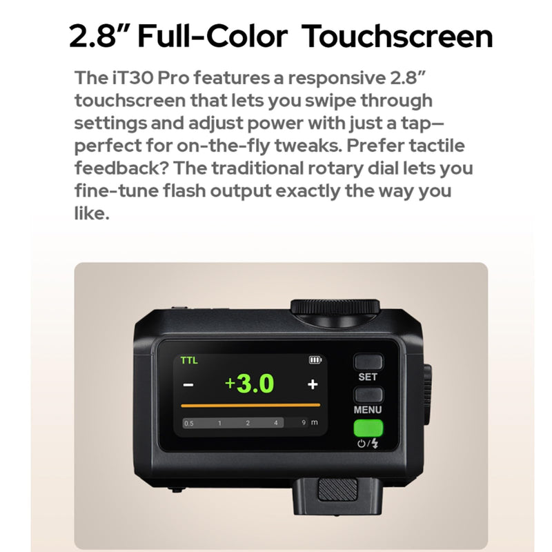 Godox iT30Pro F iT30Pro-F TTL Flash for Fujifilm Fuji Cameras, GN15 1.5s Recycle Time, 560 Full Power Flash, 1/8000 HSS, 2.4G Wireless, 2.8″ Full-Color Touchscreen Speedlight for Fuji (Black) Black