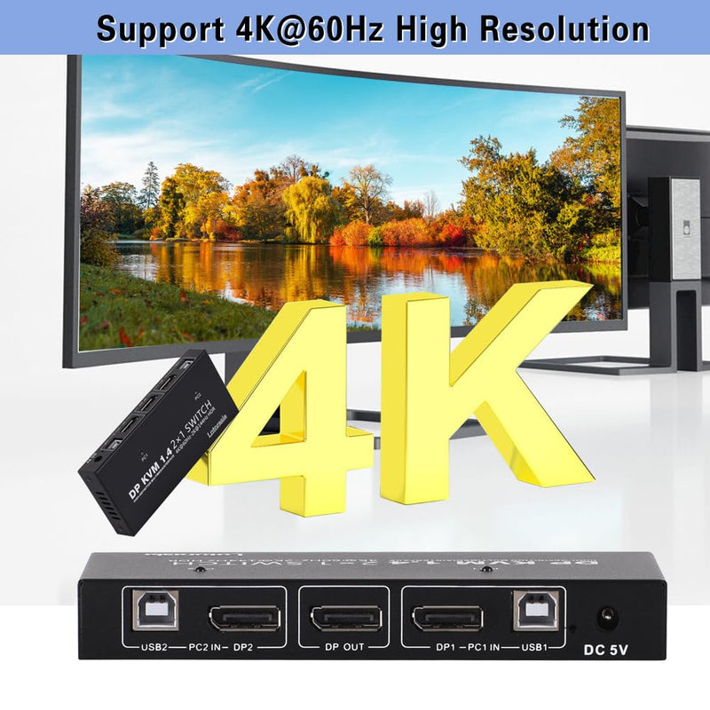 Displayport KVM Switch 1 Monitor 2 Computers, 4K@60Hz DP KVM Switch 2 in 1 Out USB KVM Switcher with 4 USB Ports, Include Desktop Controller, 2 USB Cables and Power Adapter