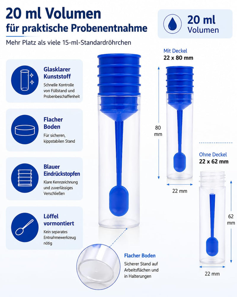 Stool sample tubes with spoon, 20 ml, for dogs, cats, and humans, non-sterile, crystal clear, Made in Germany (5 pieces) 5
