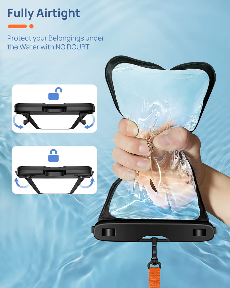 Lanhiem 10.5" Large Waterproof Phone Pouch, 2 Pack Universal IPX8 Waterproof Dry Bag with Lanyard for iPhone 15 14 13 Pro Max, Samsung Galaxy S24 S23 S22 Ultra, S23 FE, Pixel 8 Pro, Black+Black