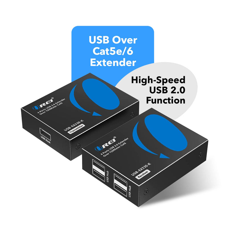 OREI USB Over Ethernet Extender Upto 330 Feet - Extends USB 2.0 Signals Over LAN Ethernet with 2 Ports - Power Over Cable, Long Distance Extension & Support for all Operating Systems (USB-EX330-K)
