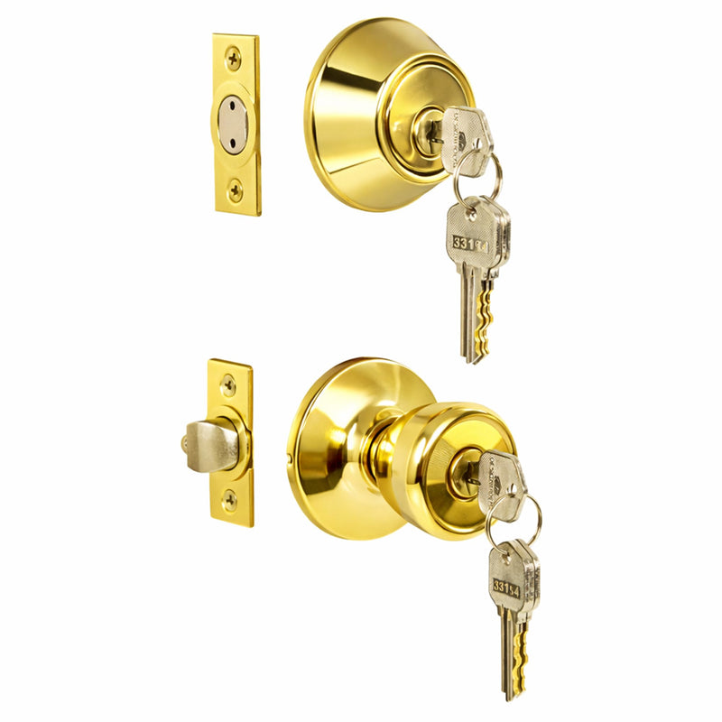Design House 728329 Terrace 6-Way Universal Entry Door Knob and Single Cylinder Deadbolt Polished Brass Keyed Entry with Deadbolt