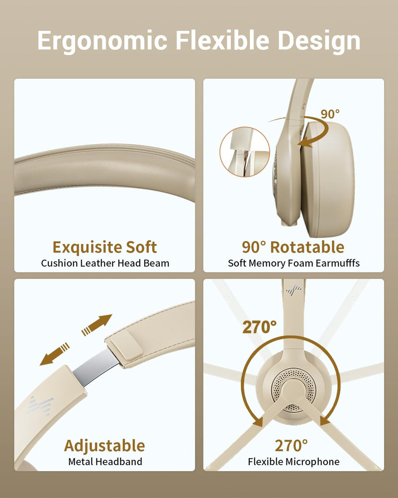 Wireless Headset with AI Noise Cancelling Microphone Bluetooth Headset - Bluetooth V5.2 Headphones with USB Dongle & Mic Mute for Computer/Laptop/PC/iPhone/Android/Cell Phones/Zoom-Apricot Apricot