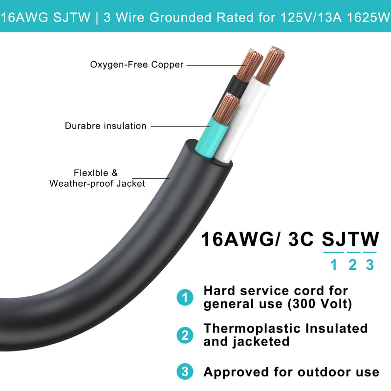 25FT Black Outdoor Extension Cord - Flat Plug, Waterproof SJTW 16Gauge, 125V 13A 1625W 3Prong Grounded Exterior Cord, Cold Weather 25FT