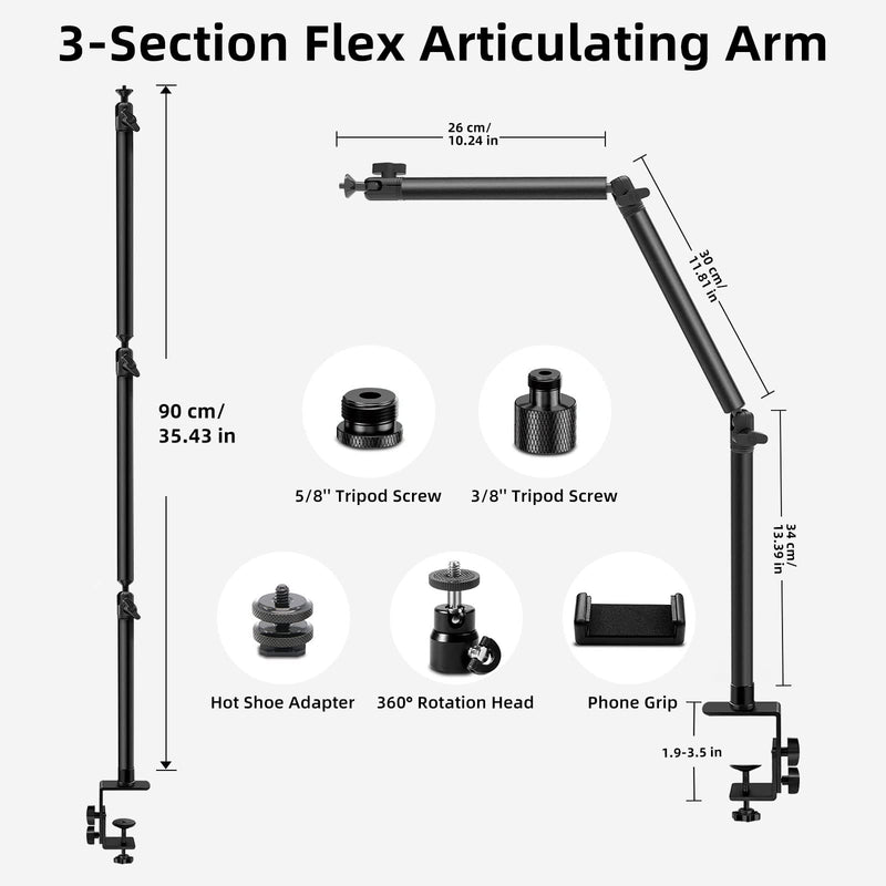Overhead Camera Mount Desk Stand, Flexible Articulated Arm DSLR Desk Mount Light Stand Phone Holder with 1/4" 3/8'' 5/8'' Screw, Clamp Tabletop Stand for Podcasting/Light/Blue Yeti Nano/Webcam