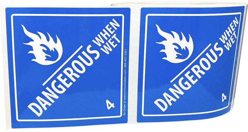 Laminated Dangerous When Wet Hazard Class 4 D.O.T Labels 4 x 4 Inch Square 500 Stickers on a Roll