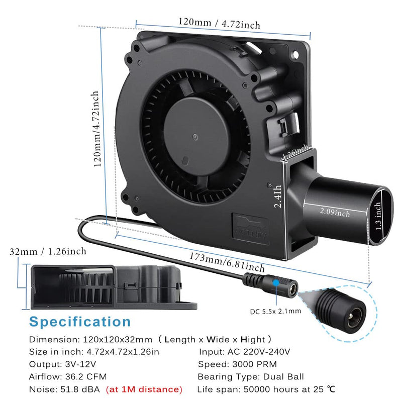 120 mm Radial Fan 12 V Adjustable Cooling Fan AC Powered 230 V Blower Fan for Ventilation Fan Change BBQ Inflatable Fireplace Compatible with Desktop 120 x 32 mm (with Pipe)