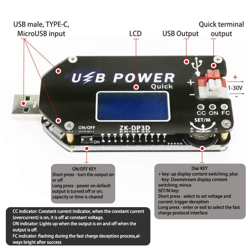 DollaTek CNC USB TYPE-C DC DC Converter CC CV 4-13V to 1-30V 2A 15W Power Module Adjustable Regulated Power Supply QC2.0 3.0