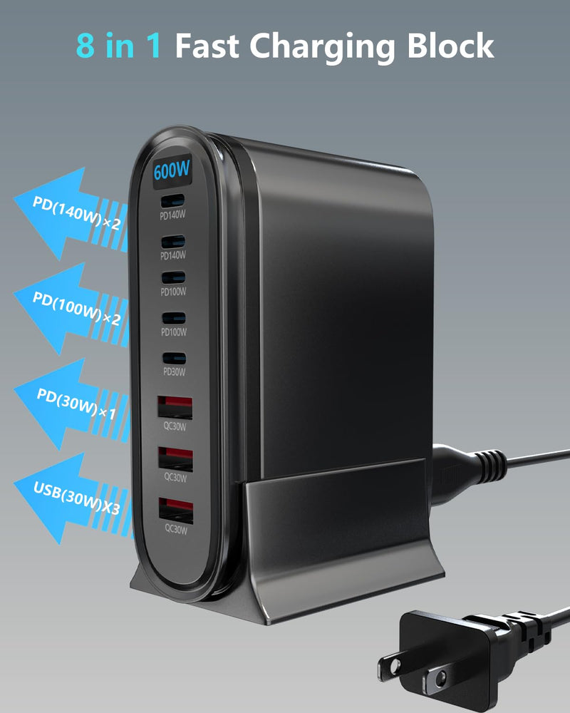 USB-C GaN Charger 8 in 1 Charging Station Dual 140W PD PPS Port+Dual 100W PD Port for Multiple Electronics Devices,Laptop Wall Charger Compatible with MacBook/iPhone 16/iPad (600W-B) 600W-B