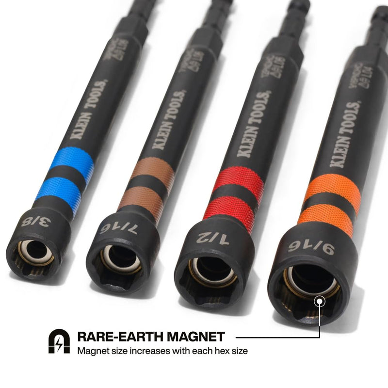 Klein Tools 32940 SAE Magnetic Hollow Impact Nut Drivers Set, 6-Piece Color Coded Hollow Power Nut Driver with Extended Reach, 6 SAE Sizes 5-Inch/6-Piece Set