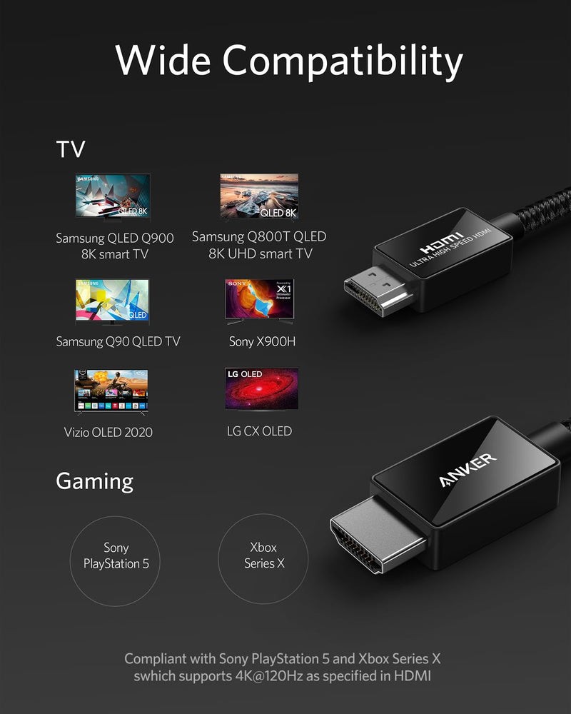 Anker HDMI Cable 8K@60Hz, 6.6FT Ultra High Speed 4K@120Hz 48Gbps Ultra HD, HDMI Cable Support Dynamic HDR,eARC,Dolby Atmos,Compatible with PlayStation 5,Xbox Series X,Samsung TVs (Pack of 2) 6.6 Feet (Pack of 2)