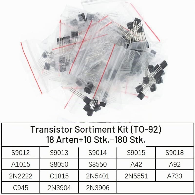 Hailege TO-92 Transistor Assorted Kit S9012 S9013 S9014 S9015 S9018 A1015 S8050 S8550 A42 A92 2N222 C1815 etc 18 Vaues 10 Pieces Total 180 pcs