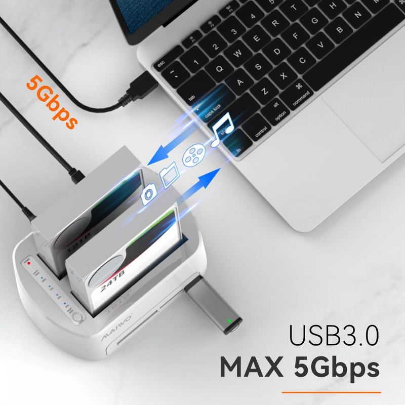 MAIWO SATA to USB 3.0 Dual-Bay Hard Drive Docking Station with Offline Clone for 2.5 & 3.5-inch HDD/SSD, Hard Drive Dock with CF/SD Card Reader, Support 2*24TB, White