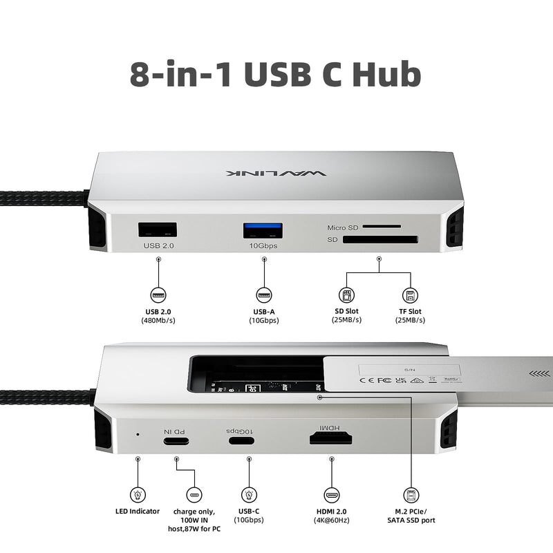 WAVLINK 8 in 1 USB C Hub with M.2 NVMe/SATA SSD Enclosure 10Gbps, 4K HDMI, USB-C/A 10Gb, 100W PD, Aluminum Alloy USB C SSD Enclosure for M.2 NVMe SATA SSD forM1/M2/M3/M4 macOS Systems