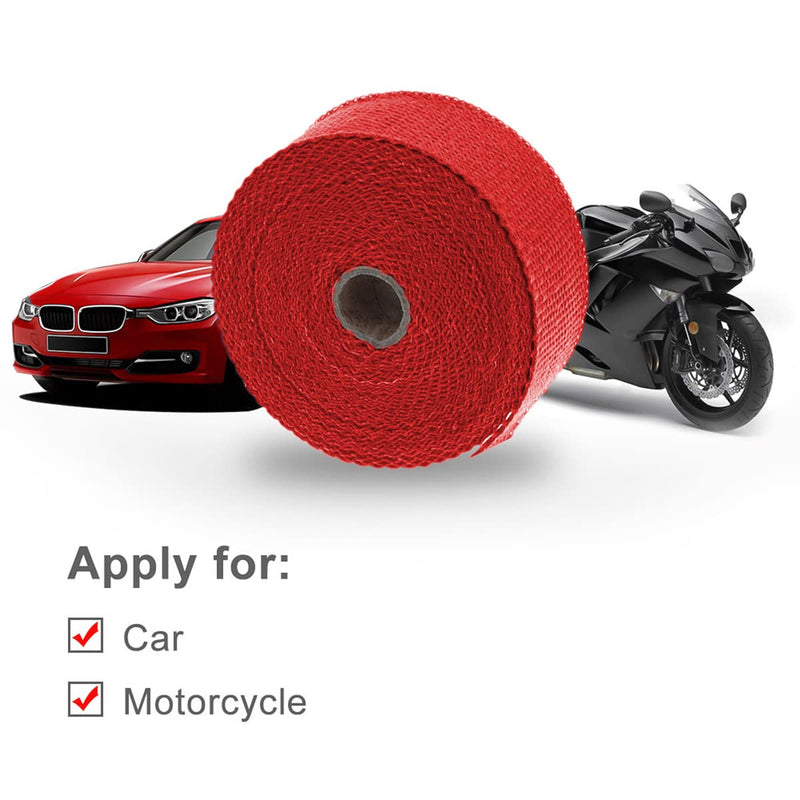 Auto Exhaust Wrap for Motorcycle, 16FT Titanium Fiberglass Hose Heat Shield Roll Sleeve with 4PCS Stainless Ties, Universal for Car Wire Loom Brake Line Cable Protection (Red) Red