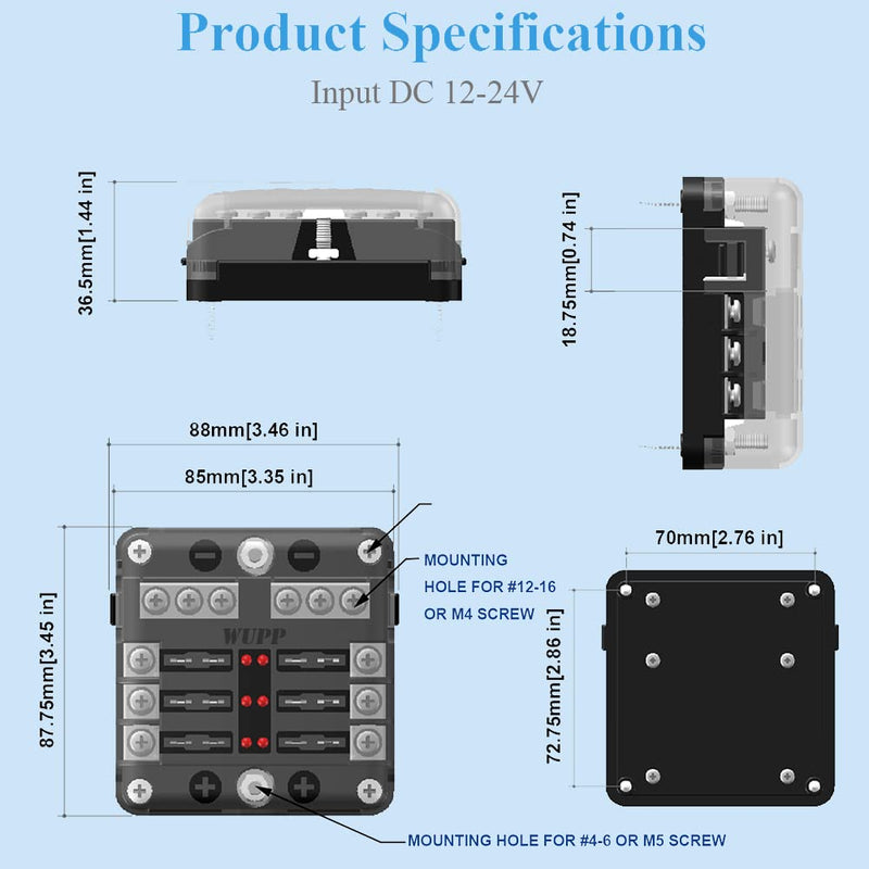 WUPP 12 Volt Fuse Block, Waterproof Boat Fuse Panel with LED Warning Indicator Damp-Proof Cover, 6 Circuits with Negative Bus Fuse Box for Car Marine RV Truck DC 12-24V 6-circ W/Cover & Neg